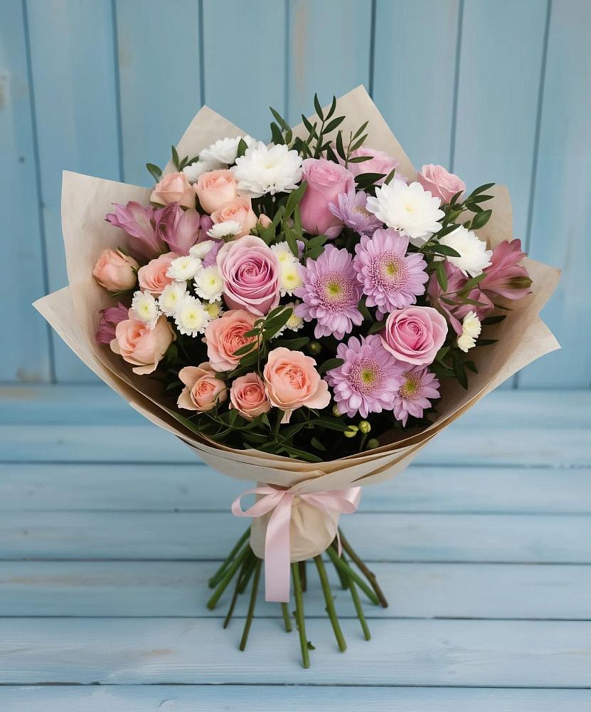 Букет цветов из: Хризантемы, Розы и Альстромерии в Убинском