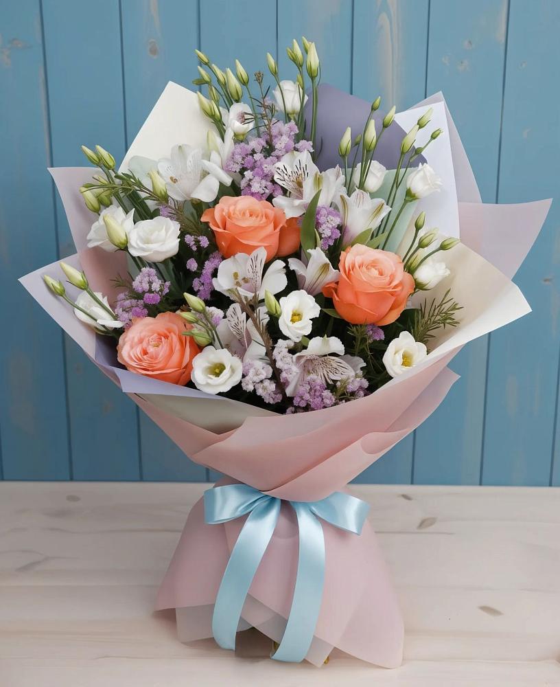 Букет цветов из: Лизиантусы, Розы, Альстромерии и Гипсофила в Убинском