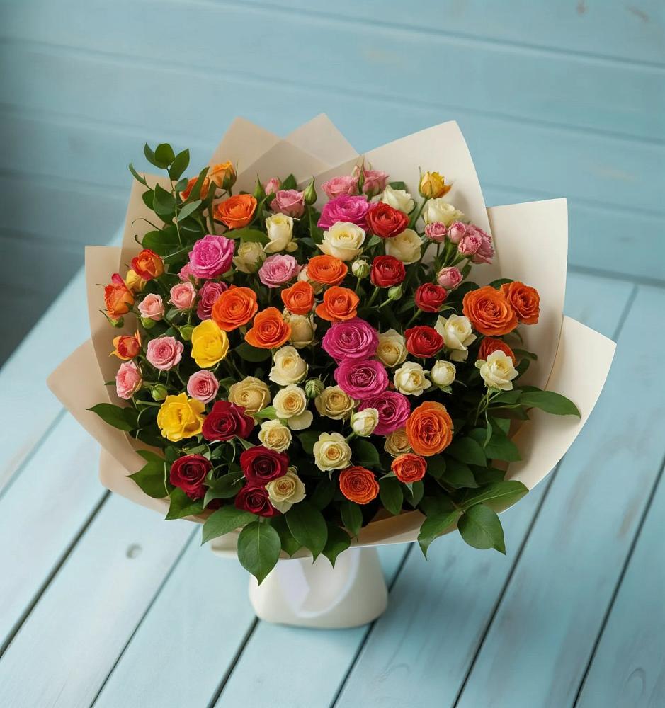 Букет Микс из разноцветных кустовых роз в Убинском