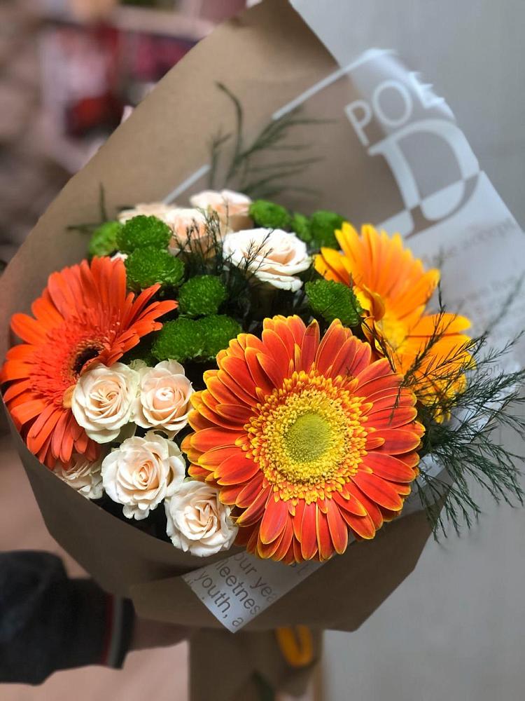 Букет цветов из: Герберы, Хризантемы и Розы в Убинском