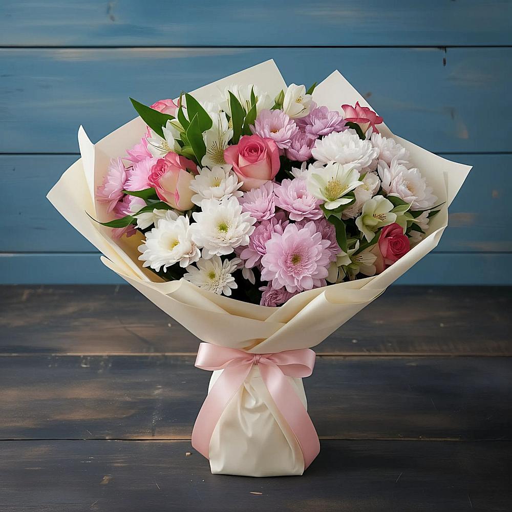 Букет цветов из: Хризантемы, Альстромерии и Розы в Убинском